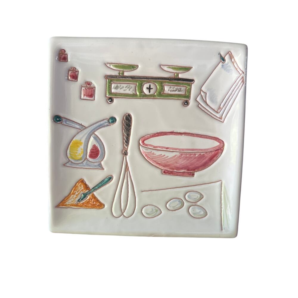 Vintage 60s Hand Painted Italian Terracotta Square Crudite Plate Kitchen Theme